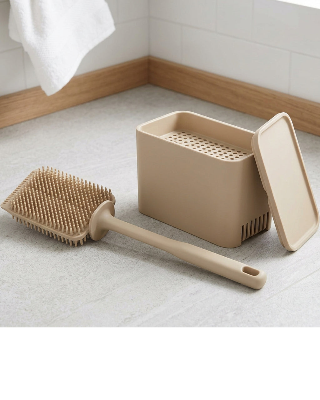 Wjfb Double Sided Flat Paddle Toilet Brush Split Base Sand - Lifestyle view